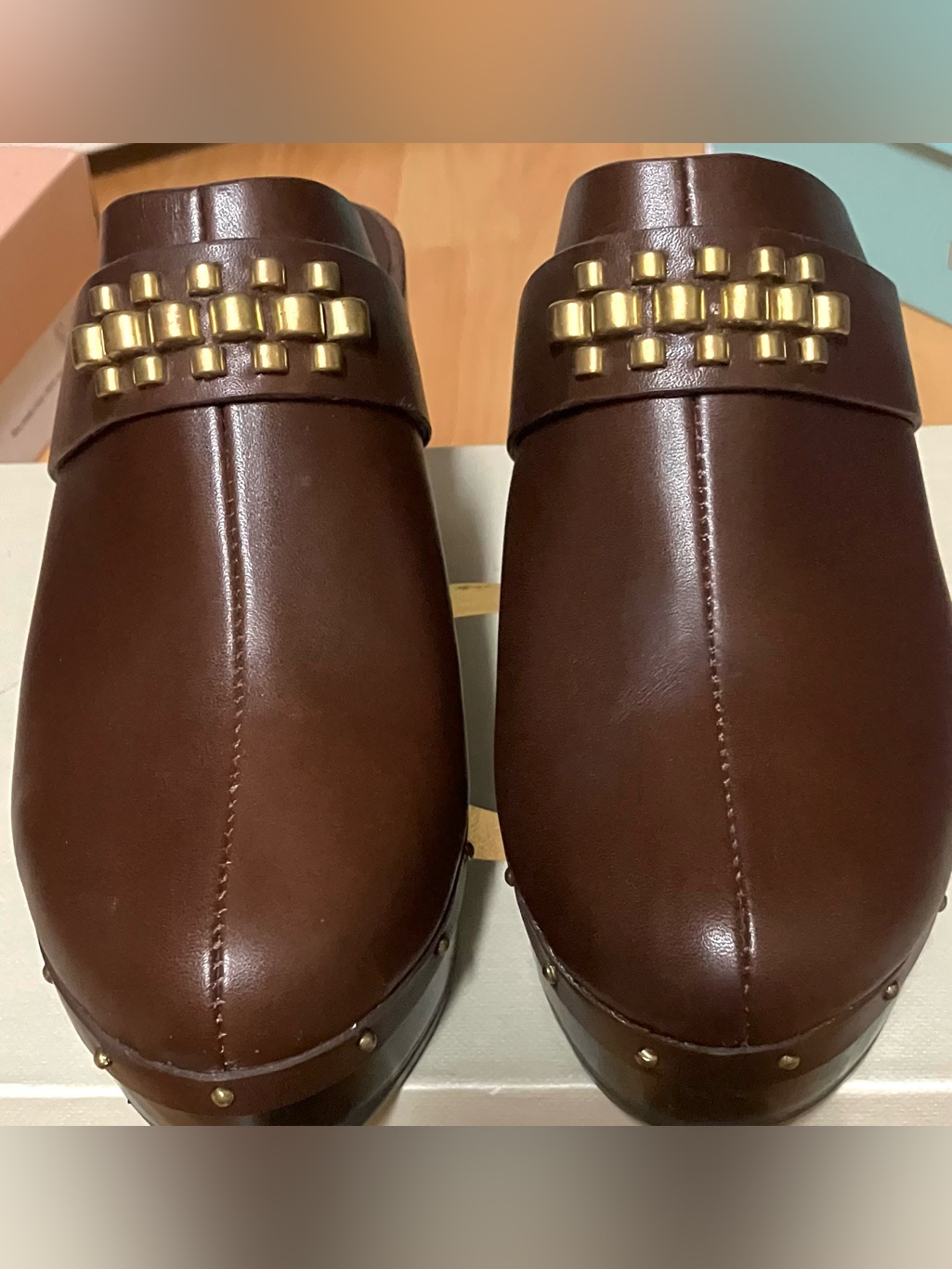 Calleen Cordero Genuine Italian Brown Leather Clogs W Gold Stud Detail 7